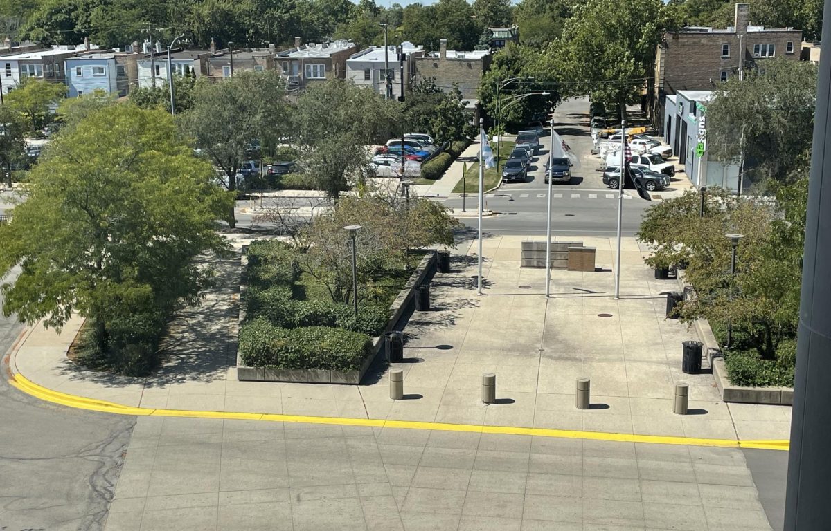 Downward view of school entrance.