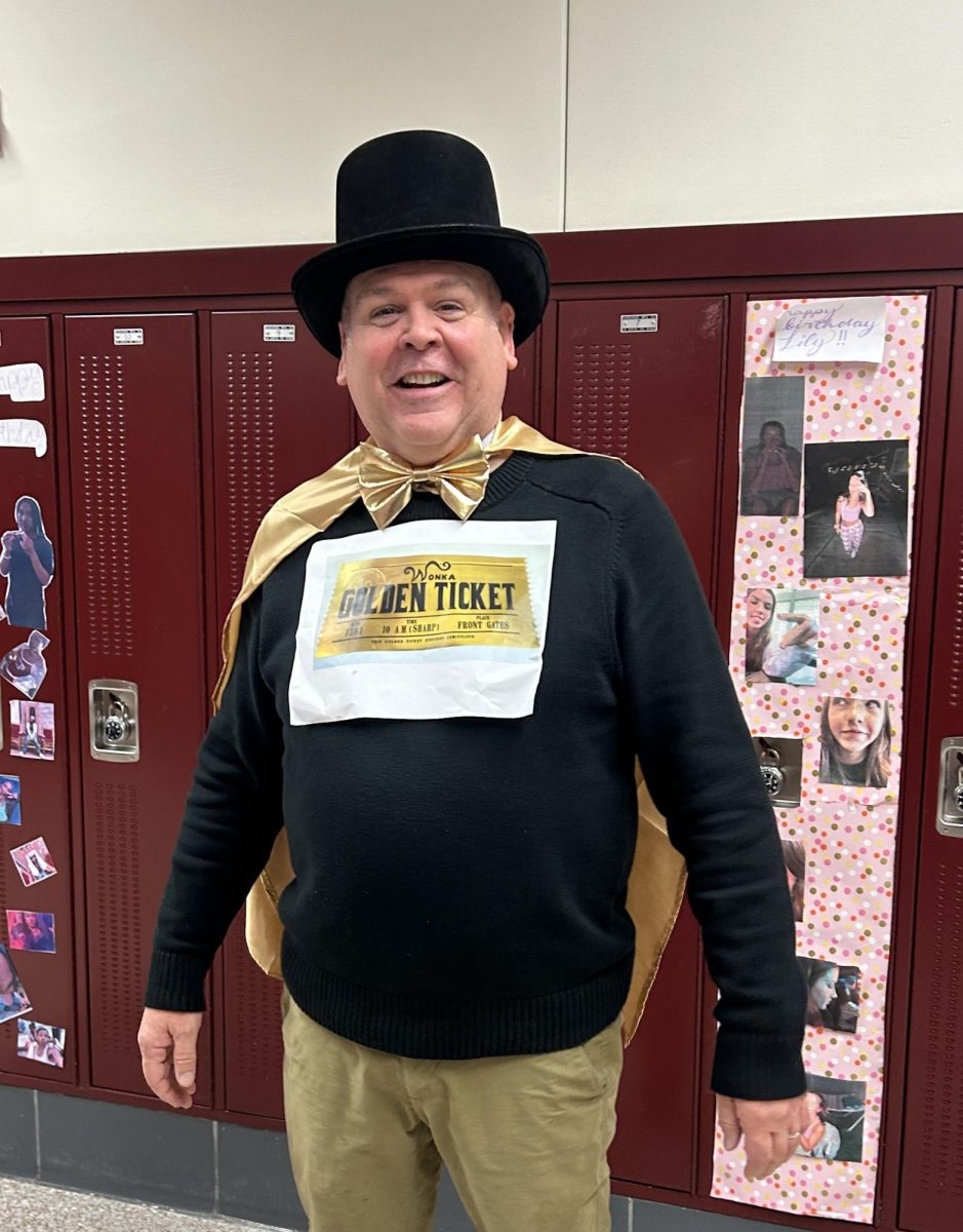 Mr McCormick (English) dressed as Willy Wonka's Golden Ticket