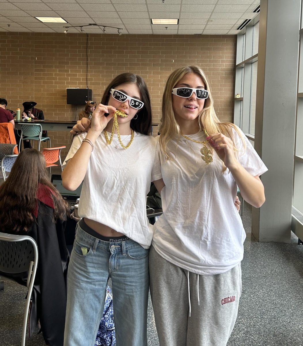 Sophomores Sabina Anderson and Vivian Jelinek dressed as Soulja Boy