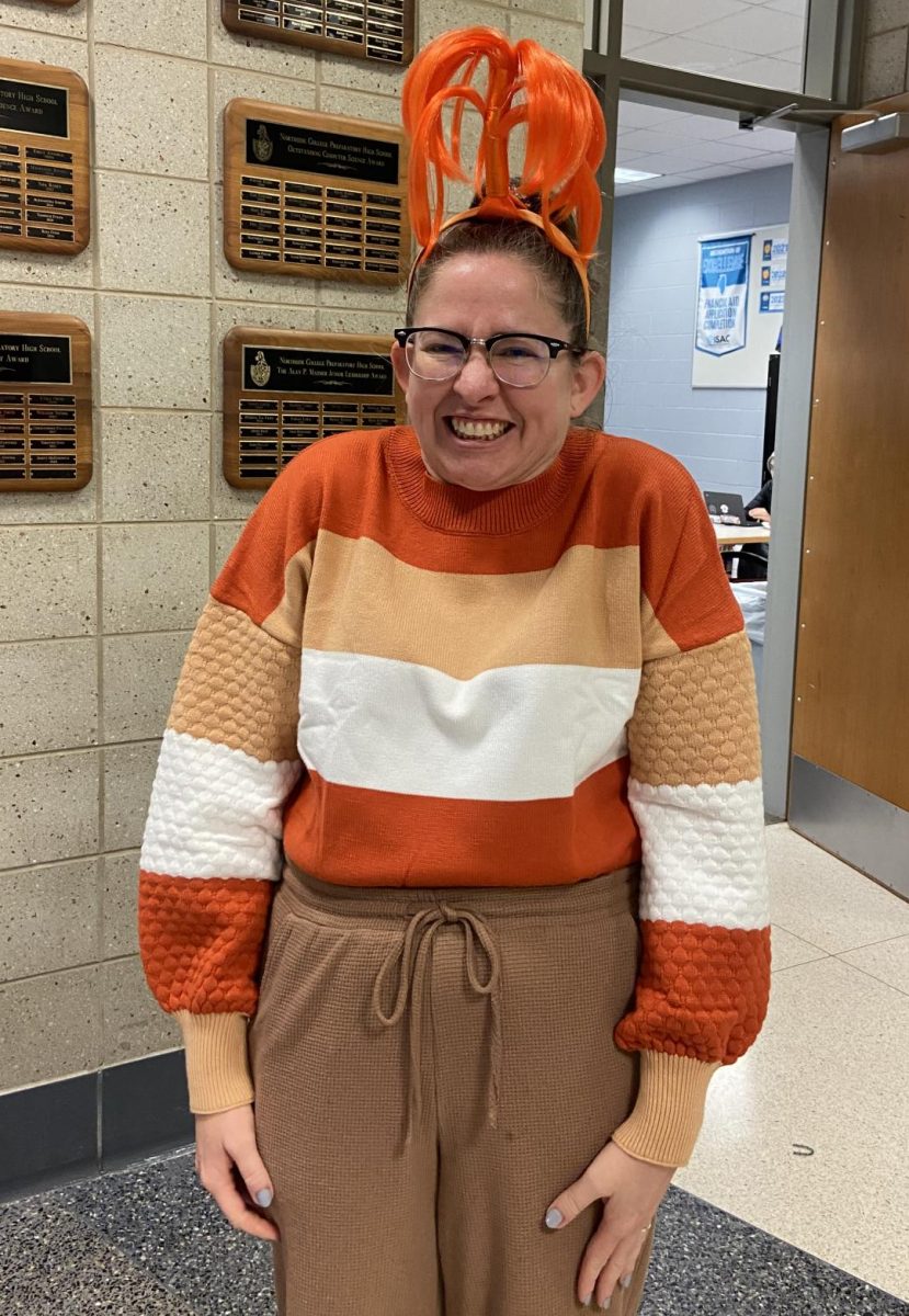 Ms. Mathews dressed as Anxiety from Inside Out 2