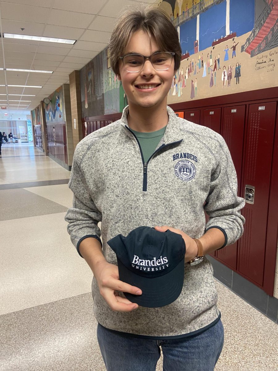 Aaron Wasilew (Senior) wearing his Brandeis merch