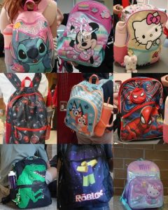 A collage of various Northside Prep senior backpacks.