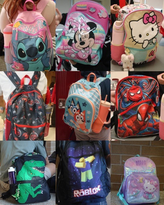 A collage of various Northside Prep senior backpacks.